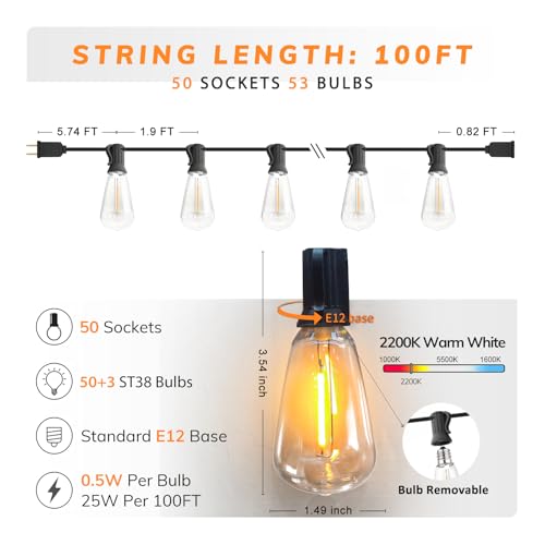 100FT Outdoor String Lights LED Dimmable Patio Lights String Waterproof with 50+3 Shatterproof Bulbs ST38 Vintage String Lights for Outside Gazebo Bistro Lights