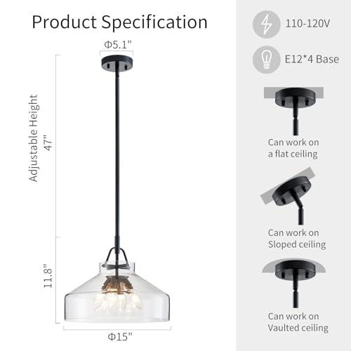 Chandelier Rustic Farmhouse Industrial Round Ceiling Pendant LED Light Fixture with Clear Glass Shades for Dining Room Kitchen Island Foyer Entryway