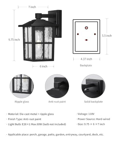 Black Outdoor Waterproof Modern Patio Wall Light Fixtures Set of 2 (2 Count)