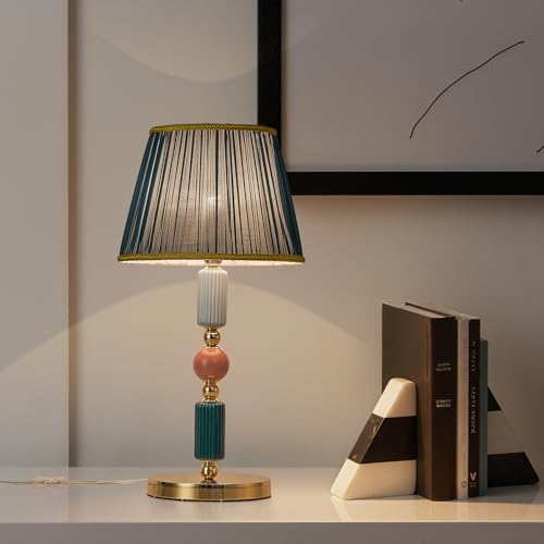 Green Fabric Shade Table Lamp Modern Metal Desk Lamp with Plug Cord Switch for Bedroom Bedside