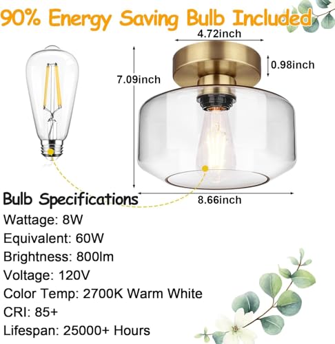 Industrial Semi Flush Mount Ceiling Light Brass