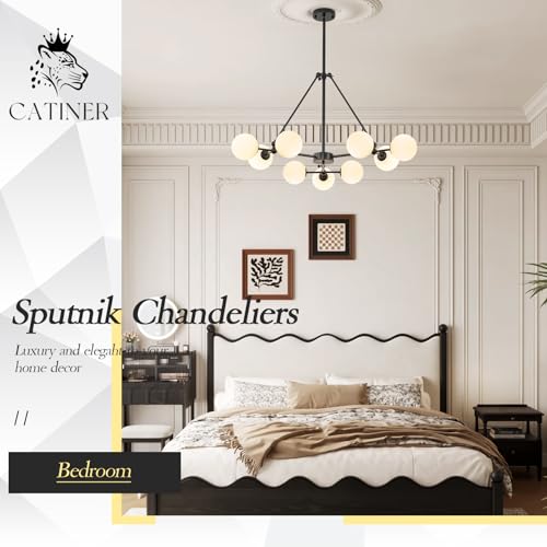 Modern 40" 9 Light Black Sputnik Chandelier with Milk Glass Globe
