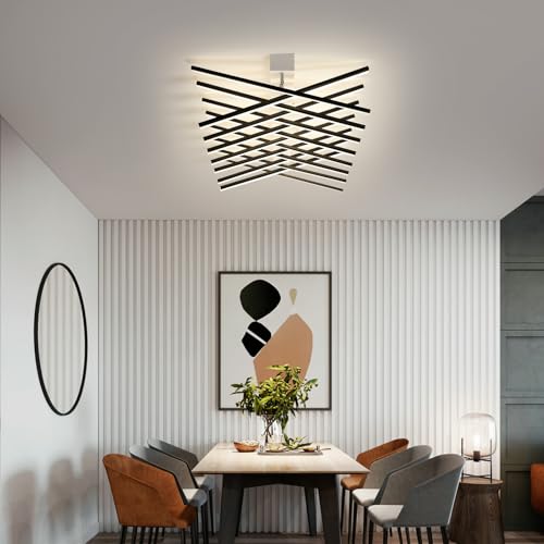15 Lights Adjustable Linear Modern Ceiling Light with Remote Control Dimmable LED Chandelier Semi Flush Mount Light Fixture for Dining Room Kitchen Island Living Room
