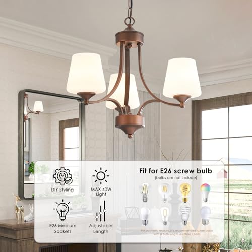 3 Light Oil Rubbed Bronze Chandelier for Dining Room Farmhouse Pendant Light Fixture with Frosted Glass Rustic Ceiling Lighting Modern Hanging Lamp for Kitchen Island Entryway (3 Count)