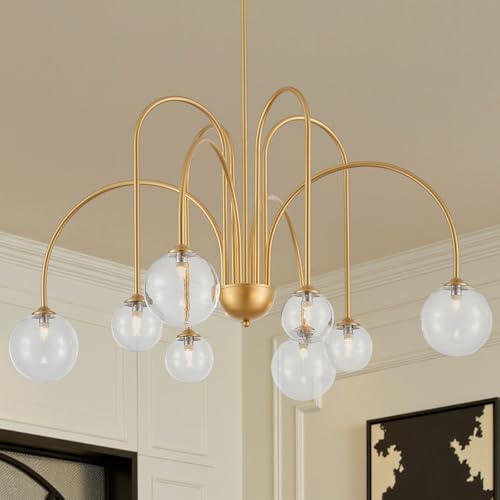 Modern Gold Sputnik Chandelier Light Fixture 8 Lights Luxury Clear Globe Glass Chandeliers Large MId Century Ceiling Pendant Light for Dining Room Foyer Living Room Bedroom