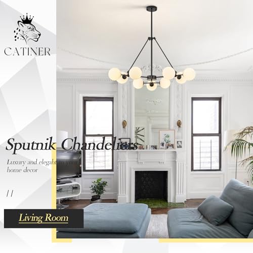 Modern 40" 9 Light Black Sputnik Chandelier with Milk Glass Globe