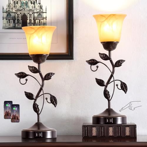 Set of 2 Touch Vintage Bedroom Leaf Table Lamps with 2 USB Ports (2 Count)