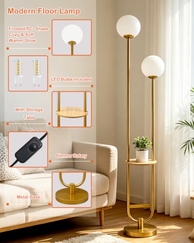 Globe Floor Lamp Dimmable Mid Century Gold Standing Tall Lamp with 3000K Bulbs Included Vintage Tall Lamp with 5Lbs Heavy Base for Lving Room (2 Count)