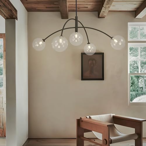Mid Century Modern Sputnik Chandelier Adjustable 5 Light Pendant Light Fixture Clear Glass Black Ceiling Chandelier for Dining Room Kitchen Bedroom