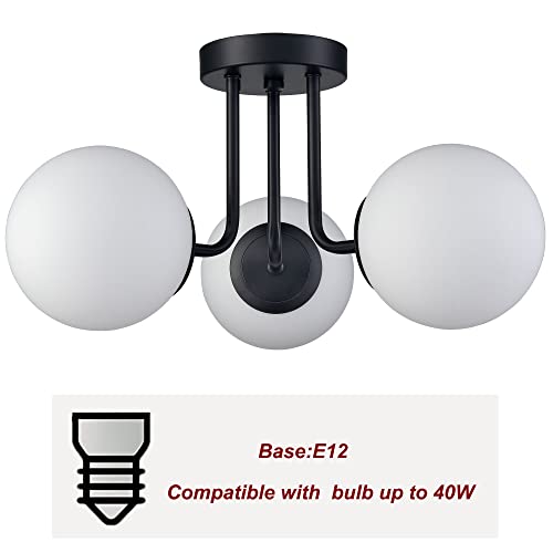 Modern Black Semi Flush Mount Ceiling Light with White Globe