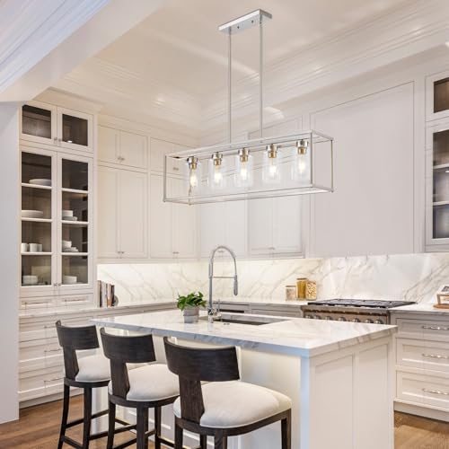 5 Light Dining Room Light Fixture Rectangular Modern Farmhouse Chandelier Brushed Nickel Linear Hanging Pendant Lighting Rectangle for Kitchen Living Room Adjustable Height with Glass Shade