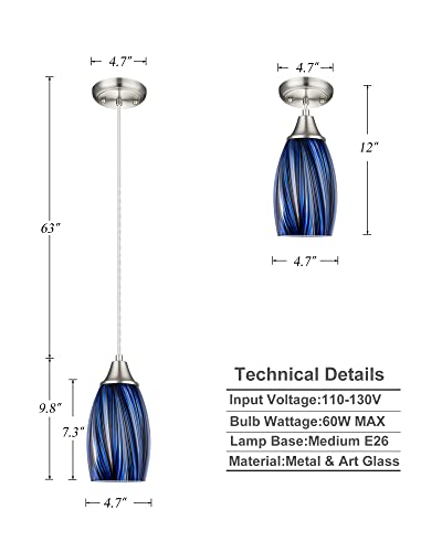 Mini Art Glass Dark Blue Pendant Lights Kitchen Island Hand Blown Mini Glass Pendant Lights with Brush Nickel Finish Adjustable Cord for Kitchen Over Sink
