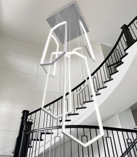 6 Rings Silver Modern Long Large Chandelier Dimmable LED High Ceiling Chandelier for Living Room Foyer Staircase Enterway Hanging Light Fixture Modern Ceiling Light