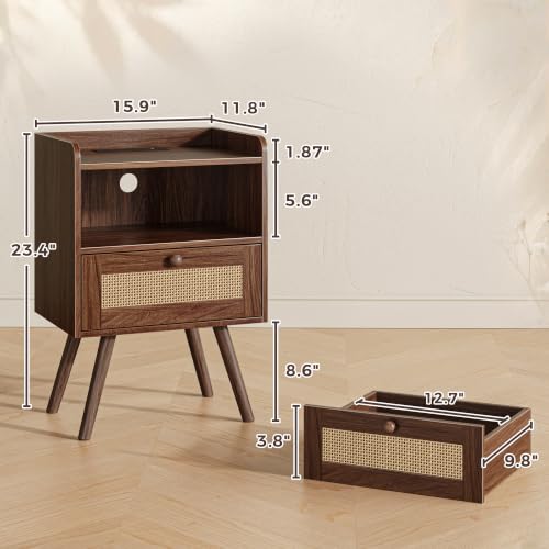 Nightstand with Charging Station & Rattan