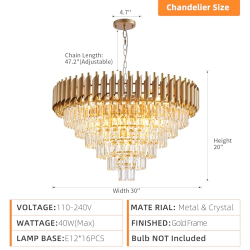 Large Crystal Chandelier 30" Modern Hanging Crystal Pendant