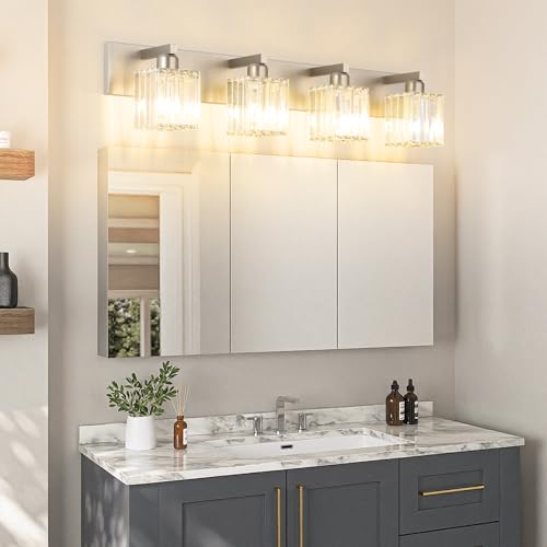 Brushed Nickel Bathroom Lighting Fixtures 4 Light Crystal Modern Bathroom Vanity Light