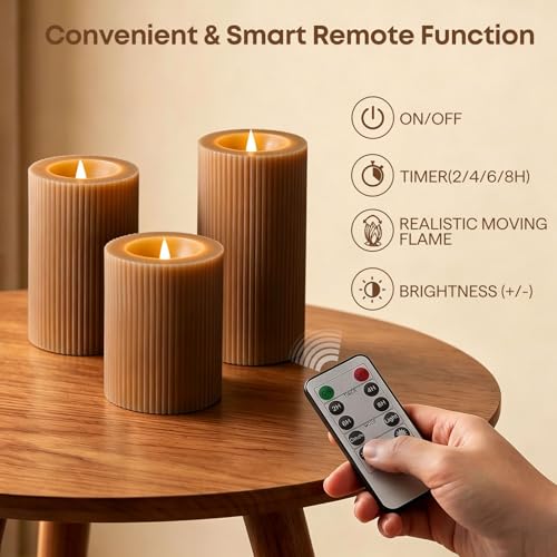 Brown Ribbed Moving Flame Flameless Pillar Candles with Remote (Warm Brown)