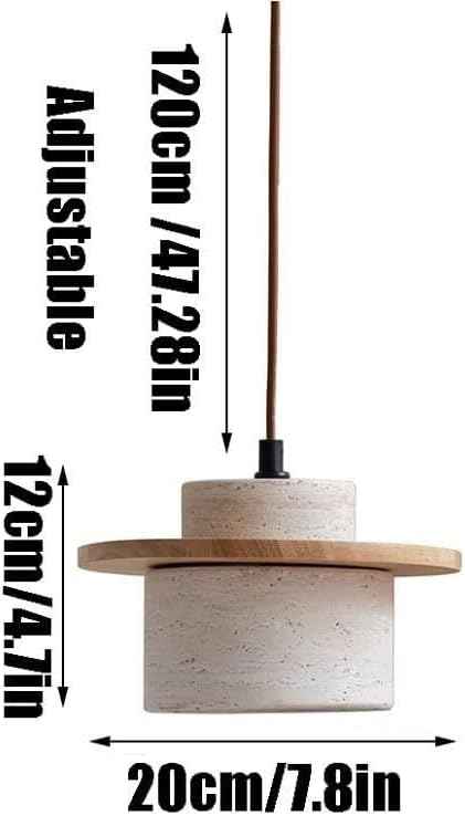 Travertine Pendant Light, Stone Cylinder Hanging Lamp with Wood Disc Accent, E26 Base, Wabi-Sabi Modern Minimalist Japandi Style Lighting for Bedside, Kitchen Island, Bar Counter(Wood Color)