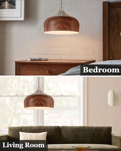 Bauhaus Pendant Light Wooden Pattern Dome Pendant Light Fixture Brushed Nickel Metal Modern Adjustable Hanging Lighting for Kitchen Island Dining Room Office Hallway Foyer Bedroom