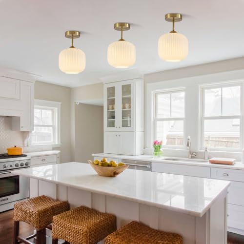 Gold Milk Glass Semi Flush Mount Light Vintage White Ribbed Flush Mount Ceiling Light Small Hallway Globe Ceiling Light Fixtures for Bedroom Entryway