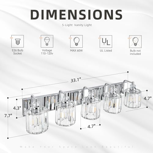 5 Light Modern Bathroom Light Fixture Chrome Bathroom Vanity Lights Over Mirror Wall Sconce Lighting with K9 Crystal Shades E26 Base for Bedroom