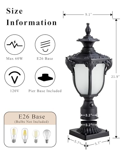 22" Black Dusk to Dawn Outdoor Post Light Fixture Vintage Large Waterproof Exterior Pole Lamp Fixture Mount Posts Lantern Head with Frosted Glass for House Garden Patio Pathway Yard Garage