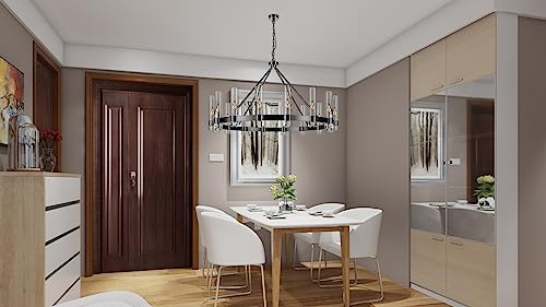 48 Inch Black Wagon Wheel Chandelier with Glass Shade
