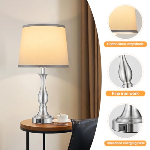 Bedside Table Lamp Touch Control Bedroom Lamps with USB A + C Charging Port 3 Way Dimmable Touch Lamps for Nightstand Living Room Bedroom Dorm Home Office Reading (2 Count)