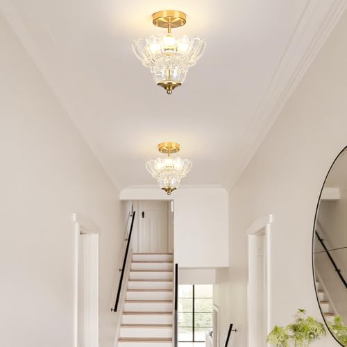 Vintage Gold Semi Flush Mount Light with Floral Class Shade (Gold)