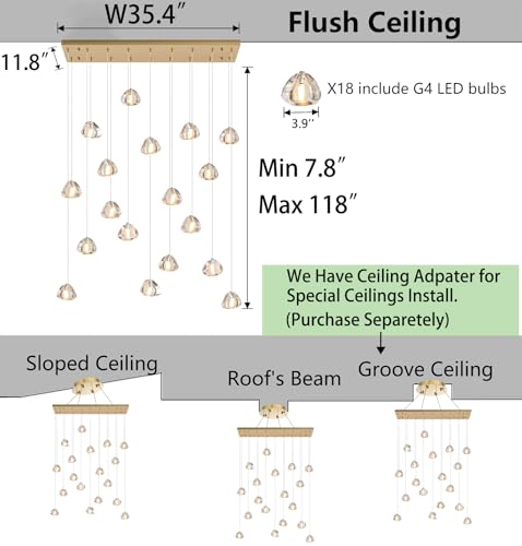W35 x D11.8 x H118 Rectangular Chandelier Bubble Crystal Balls Glam Chandeliers Dimmable Light High Ceiling Pendants Light Fixtures Adjustable Long Lights Antique Gold