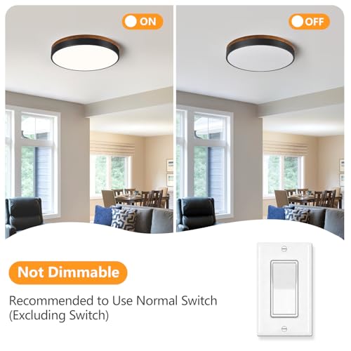 Modern Walnut Wood Black Flush Mount Ceiling Light 15.74 Inch