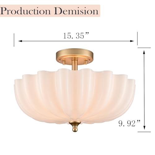 Modern Gold Semi Flush Mount Ceiling Light with Milky Flower Glass