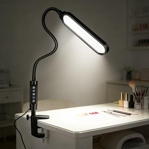 LED Manicure Table Lamp for Nail Techs 360°Adjustable Gooseneck Arm Professional Nail Desk Light Dimmable 3 Color Temps for Gel Nails Art