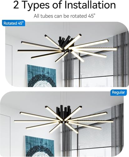 Modern Led Chandelier, Dimmable Sputnik Light Fixture with Remote Control, Modern Pendant Light for Dining Room Kitchen Living Room Entryway, 3000K-6500K (Black)