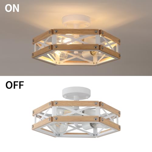 3 Light Modern Farmhouse Wood Flush Mount Ceiling Light Fixture 14.5 inch Vintage Natural Wood and Metal Cage Semi Flush Mount Ceiling Light for Hallway Entry Bedroom Farmhouse