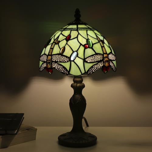 Tiffany Table Lamp Dragonfly Style Grass Green Stained Glass Accent Lamp Bronze Resin Base 8X8X14 Inch