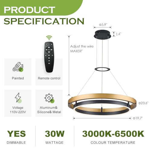 Modern LED Chandelier Black Gold Dimmable Circular LED Pendant Light with Remote Ring Chandelier Dining Room Light Fixtures for Kitchen Island Living Room Entryway