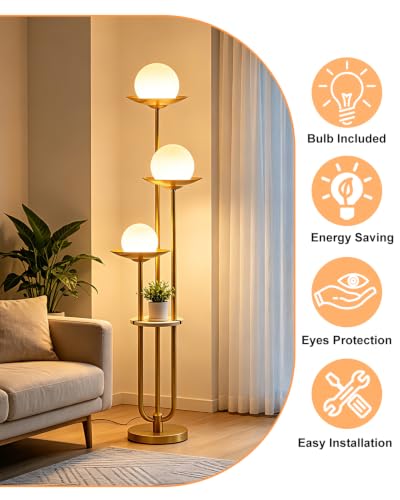 3 Light Globe Floor Lamp with Shelf Modern Dimmable Floor Lamps for Reading (3 Count)