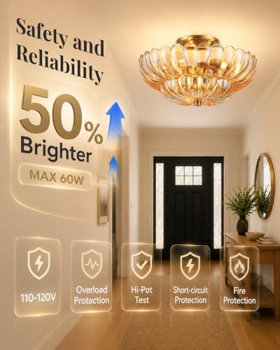 Semi Flush Mount Ceiling Light Fixture 14" Vinatge Gold Ceiling Lights Amber Mid Century Modern Glass Close to Ceiling Lighting Fixtures for Bedroom Hallway Kitchen Laundry Room Bathroom