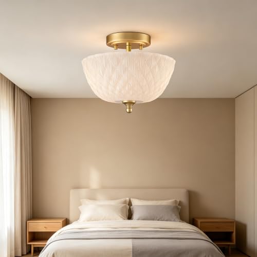 Semi Flush Mount Ceiling Light with Diamond Embossed Frosted Glass Shade