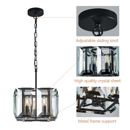 Black Modern Crystal Chandeliers Rectangle Farmhouse Pendant Light Semi Flush Mount Ceiling Light Fixture for Bedroom Dining Room Kitchen Island Living Room Foyer Hallway