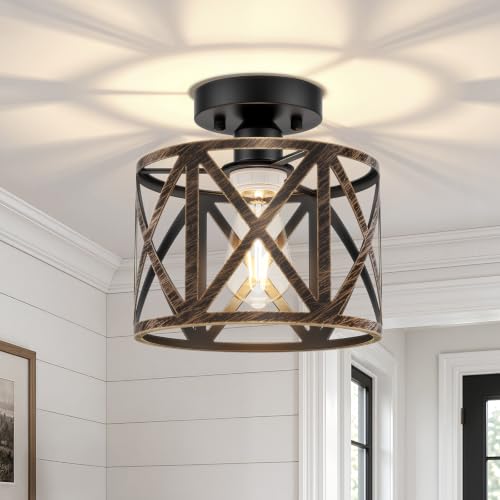 Farmhouse Semi Flush Mount Ceiling Light Fixture E26 Metal Cage Industrial Ceiling Lighting for Kitchen