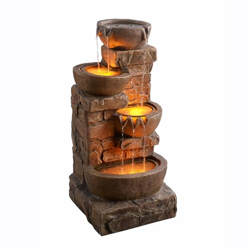 33.27" Cascading Bowls & Stacked Stones LED Water Fountain for Outdoor Living Spaces