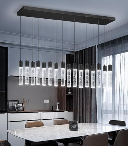 16 Lights Modern Crystal Rectangular Chandeliers LED Pendant Light for Kitchen Island High Ceiling Chandelier for Dining Room Entrance Foyer Living Room Black