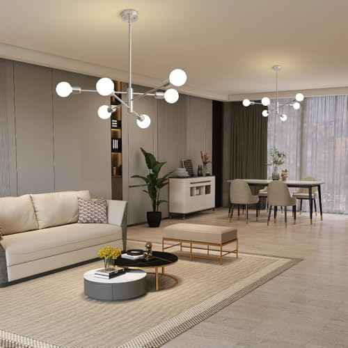 Chandeliers for Dining Room Brushed Nickel 6Light Modern Kitchen Chandelier | Sputnik Ceiling Light Fixture, UL Certified, E26 Base 60W Max, Height Adjustable, Dimmable Mid Century Style for Living Room