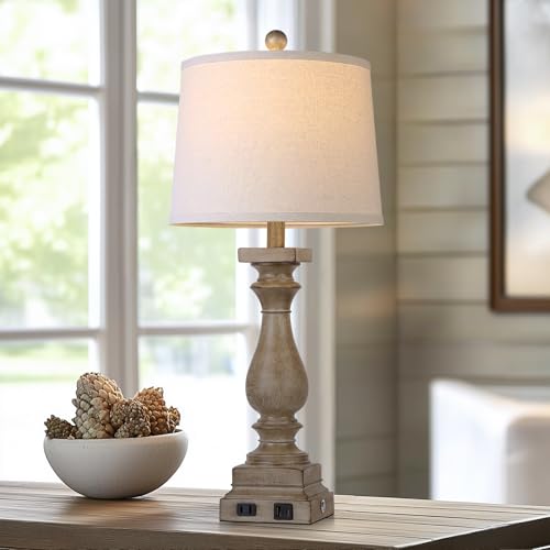 28" Tall Farmhouse Table Lamps Set of 2 with USB C+A Ports and AC Outlet (2 Count)