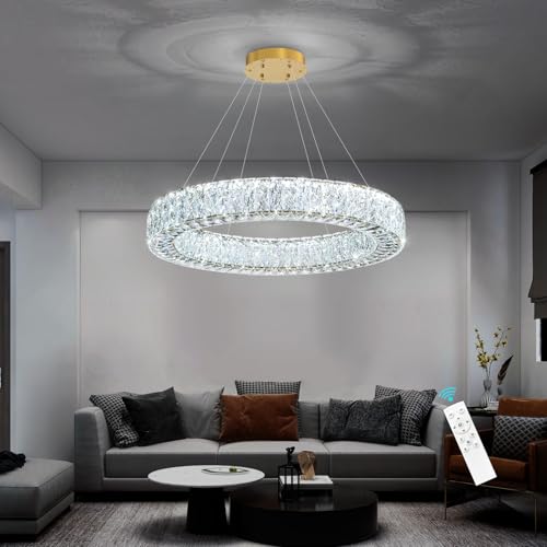 32 Inch Chandelier Glam Dimmable LED Crystal Chandeliers Luxury Round Pendant Lighting Fixtures for Dining Room Bedrooms Gold