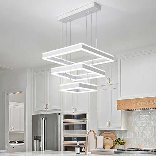 Modern LED Chandeliers White Square Rings Pendant Light Fixture with Hanging Cord Flush Mount Square Modern Chandeliers for Kitchen Island Dining Room