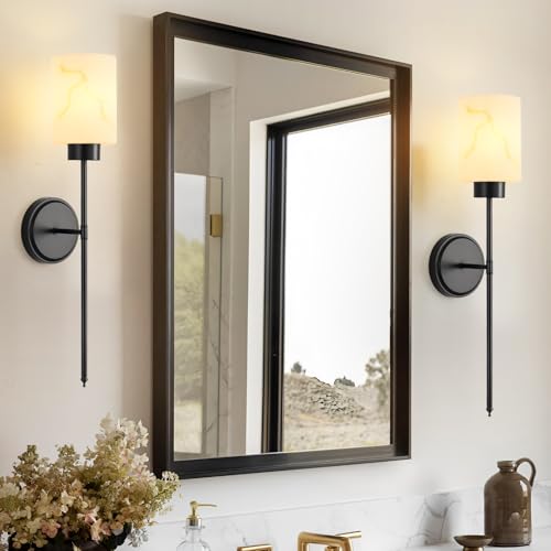 Black Wall Sconces Set of 2 with Marble Glass Shade
