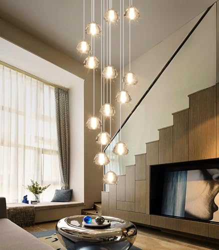 14 Light Modern Chandeliers for Entrance High Ceiling Chandelier Long Lights Fixture LED Ceiling Light Bubble Crystal for Hallway Foyer Stairwell